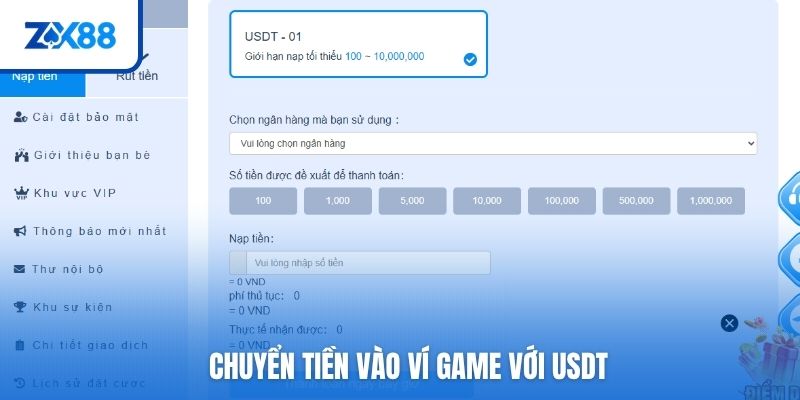 Chuyển tiền vào ví game với USDT